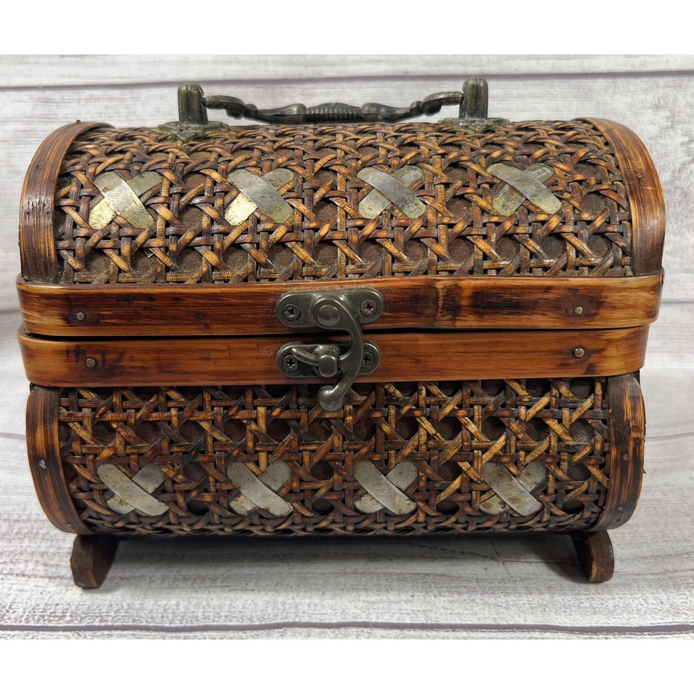 Vintage Woven Bamboo Box Metal Wicker Rattan Hinge Wood Trinket Chest 6Wx7Lx4H